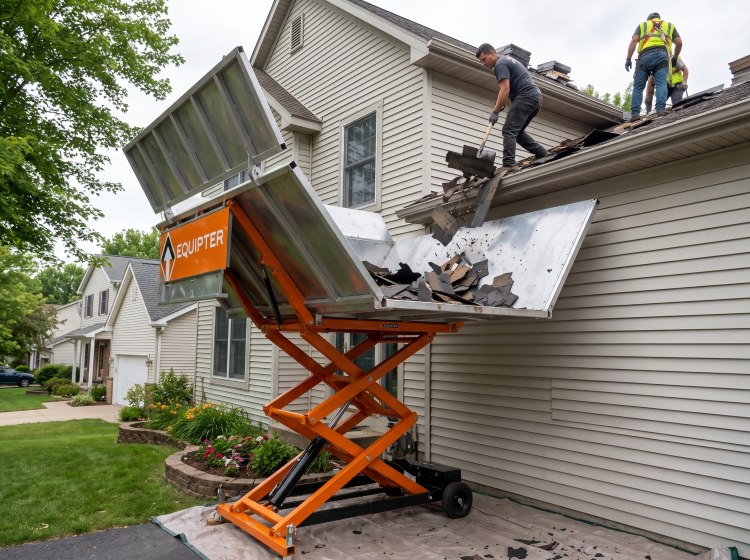 Equipter container raised beside a home catching old shingles during a tear-off