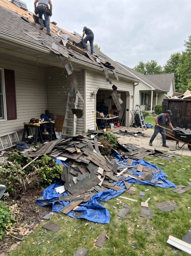 Old shingles piled on the ground beside a house during a traditional tear-off